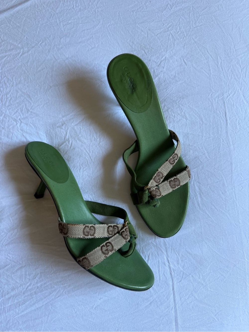 Gucci Tom Ford era Green/Brown GG Canvas with Suede mules/sandals on kitten heel - Picture 10 of 16